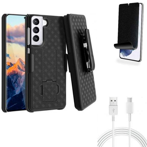 For Samsung Galaxy S21 (6.2") - [Fingerprint Works] TPU Film Privacy Screen Protector   Swivel Holster Case Belt Clip   Charger Cord Type-C 10ft USB-C Cable