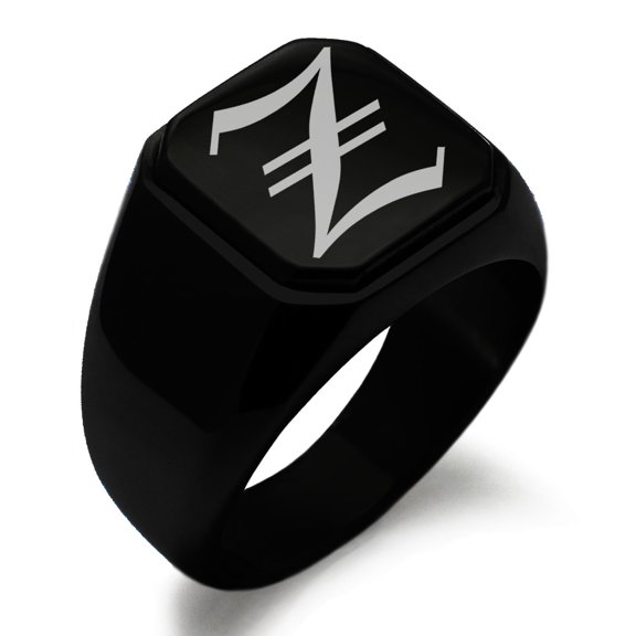 Stainless Steel Letter Z Initial Old English Monogram Engraved Engraved Square Flat Top Biker Style Polished Signet Ring