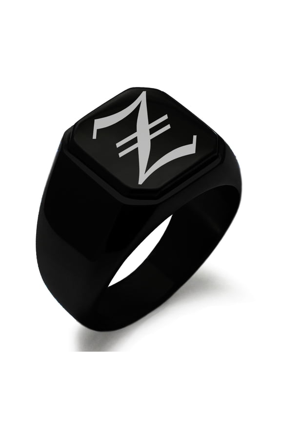 Stainless Steel Letter Z Initial Old English Monogram Engraved Engraved Square Flat Top Biker Style Polished Signet Ring