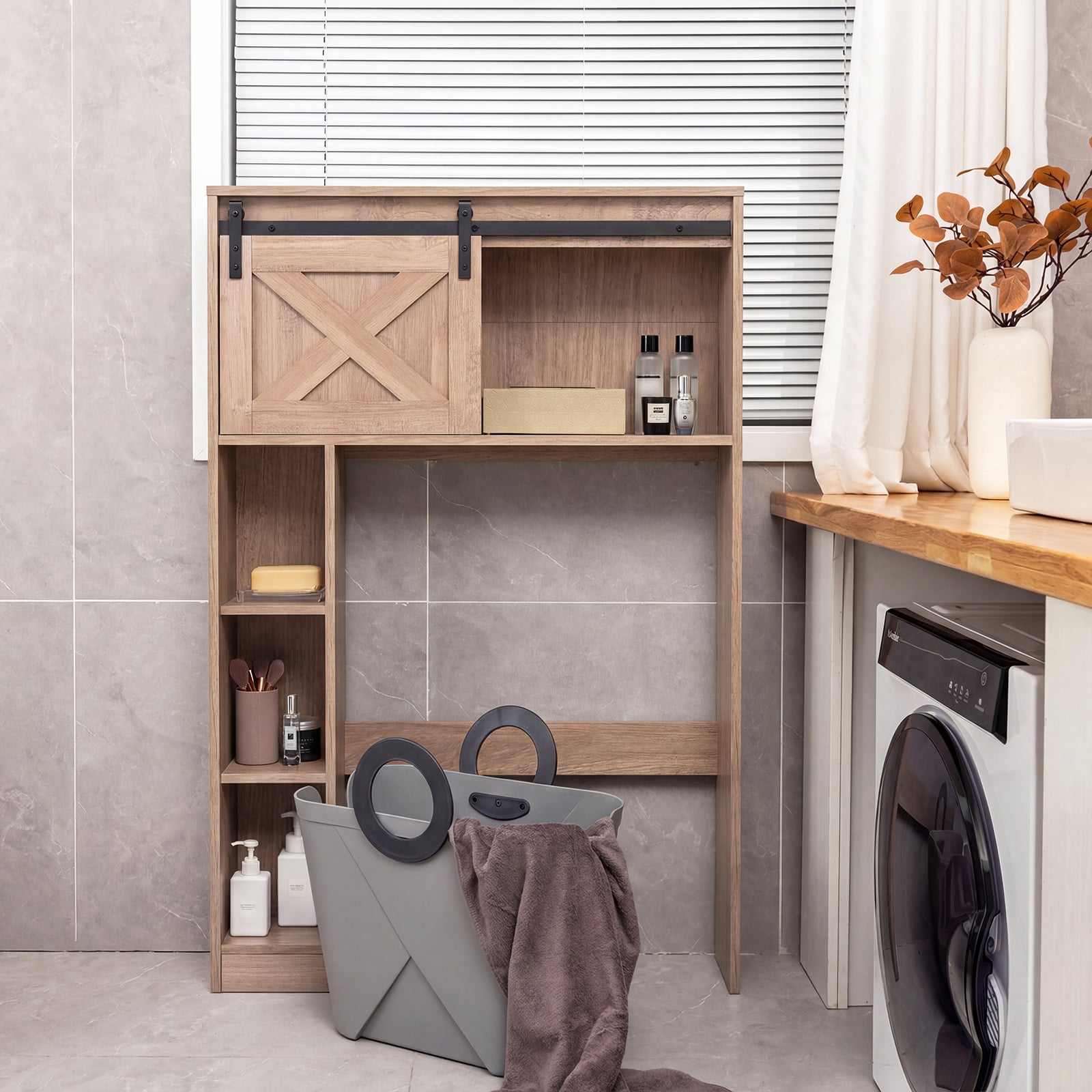 Costway Over the Toilet Bathroom Storage Cabinet with Sliding Barn Door Rustic Brown