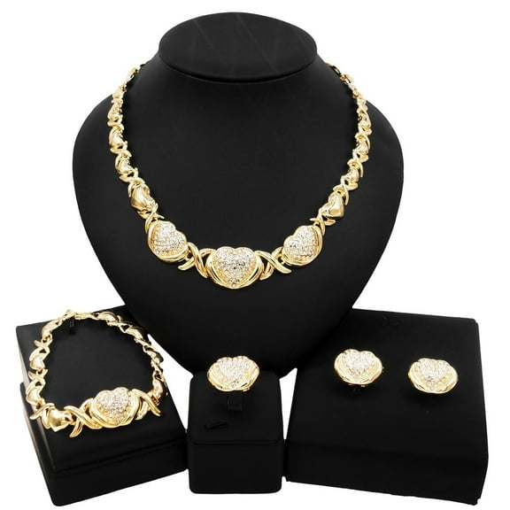 Women's Hugs & Kisses XOXO Shiny Hearts Charm Necklace Set 18k Layered Real Gold Plated Includes Necklace Bracelet Earrings Ring Set