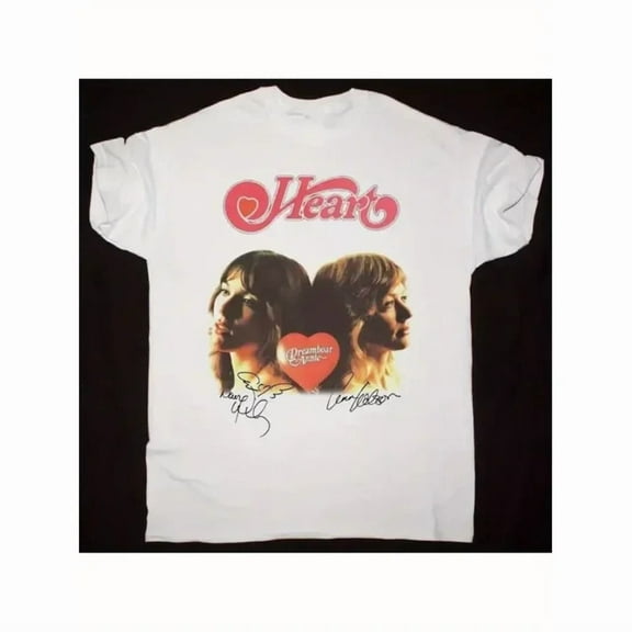 100% cotton tshirts men tee Heart Band Graphic T-Shirt - White Vintage Rock Tee with Ann Wilson & Nancy Wilson Signature