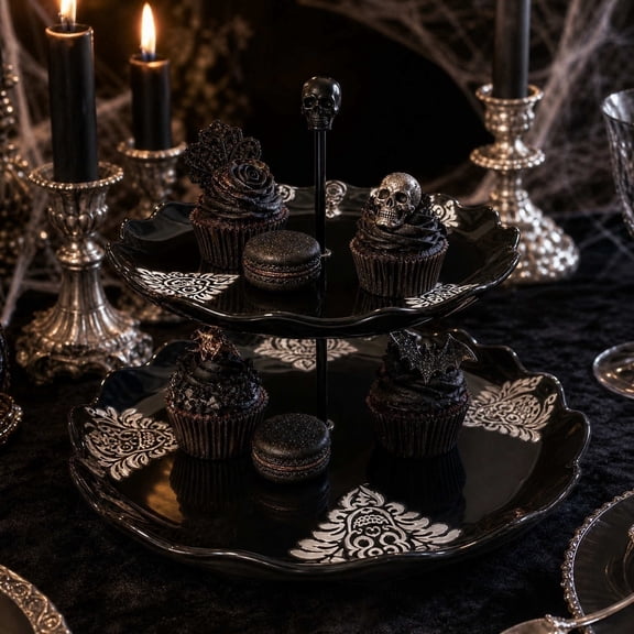 Gothic 2 Tier Serving Tray, Spooky Halloween Table Decor, Double Tier Dessert Stand for Halloween Party Kitchen Living Room Table Centerpiece Decoration Black