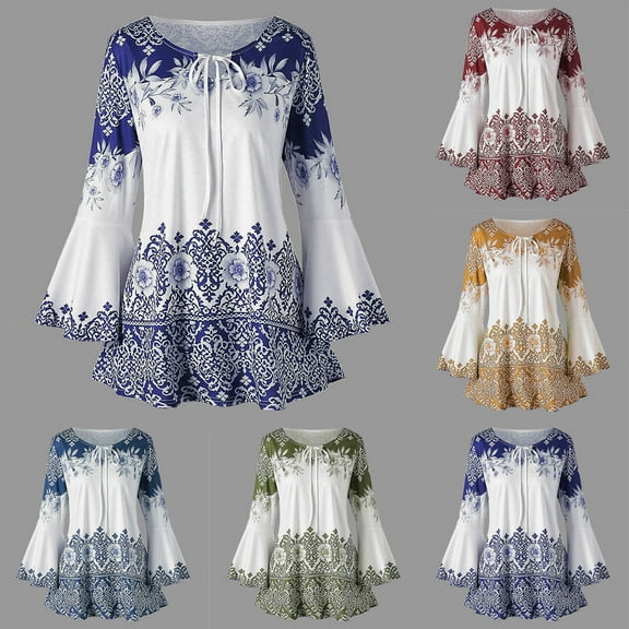 Azrian Womens Summer Tops 2023, Womens Plus Size Blouses Fashion Printed Flare Sleeve Tops Blouses Keyhole T-Shirts Clearance