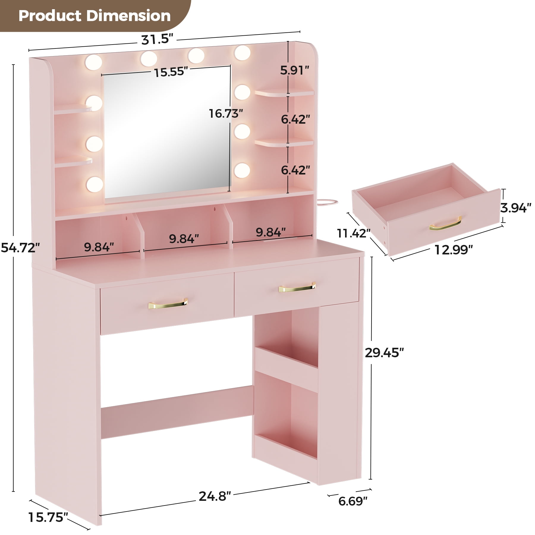 COMHOMA Pink Vanity Desk with Mirror and Lights, Hairdryer Holder, 5 Drawers, Bedroom Dresser Table for You