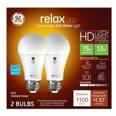 Smitsom Vend tilbage Jeg klager GE Relax HD LED Light Bulbs, Soft White, 1100 Lumens, 13 Watts, 2-Pk. 1  Pack - Walmart.com