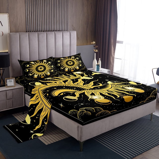 YST Yellow Boho Eyes Sheets Sun and Moon Pattern Sheet Set Stars Space Moon Decor Twin Bed Sheets Set Exotic Bohemian Style Bedding Set, 1 Fitted Sheet 1 Top Sheet 1 Pillowcase