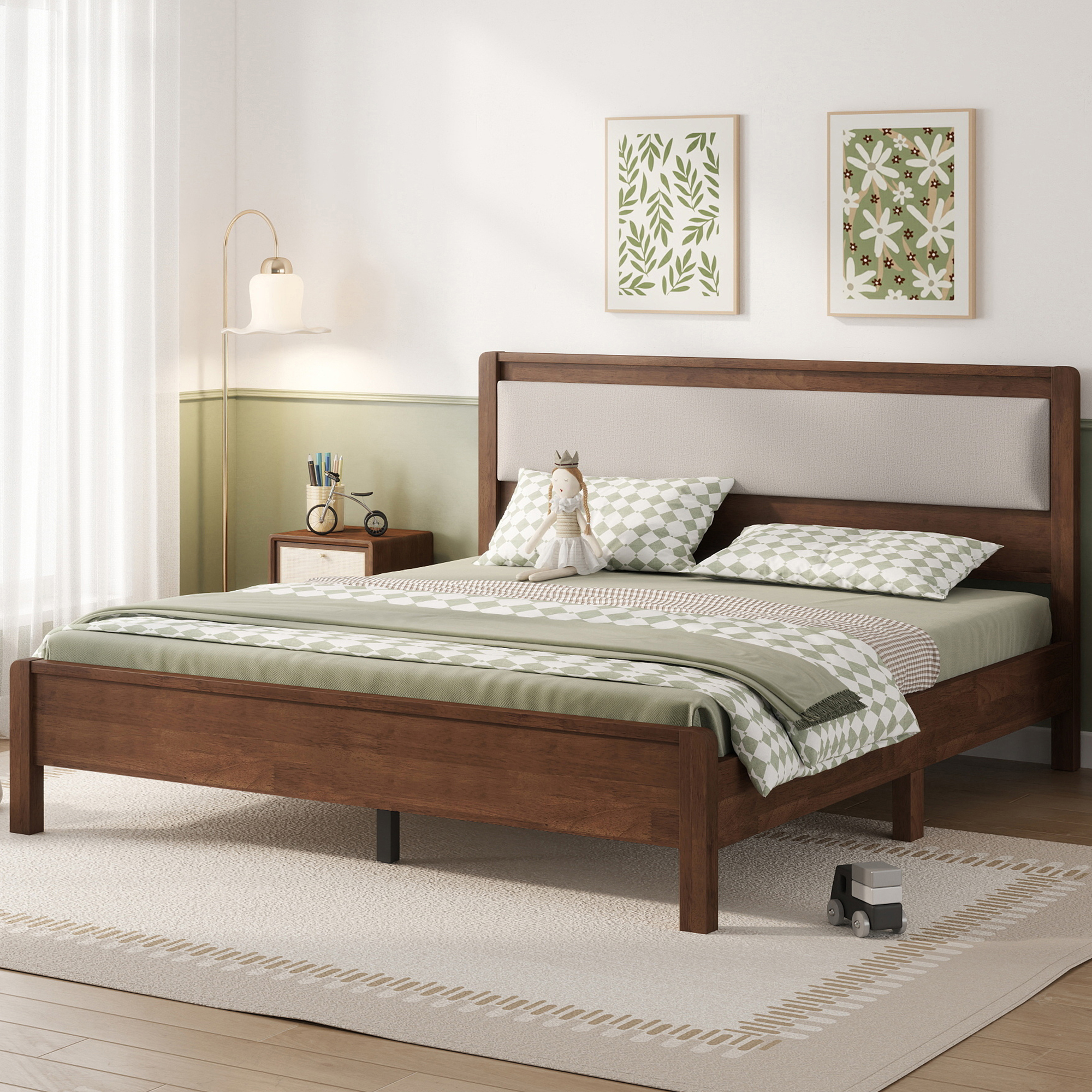 HOQBN Queen Solid Rubberwood Bed Frame with Upholstered Headboard, Reinforced Central Support Legs for Bedroom Walnut