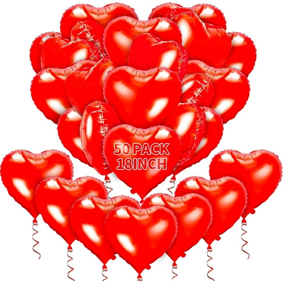 ruibina Red Heart Balloons- 50Pcs 18inch Foil Heart Balloon, Valentine Day Balloons, Room Decorations Kit Party Props Decor Love Balloons Red Valentines Day Heart Balloons