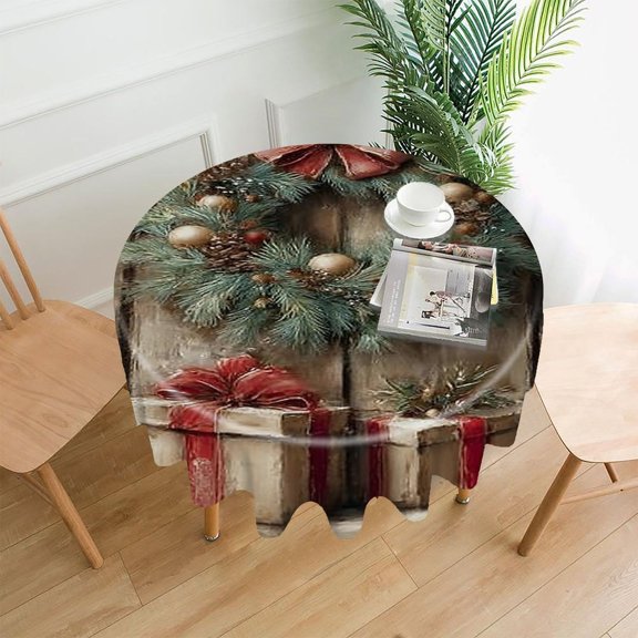 RKSupls 60 Inch Round Tablecloth, Christmas Wreath Gifts Premium Polyester Straight Edge Wrinkle Resistant Washable Table Cover for Party Home Dining Decor