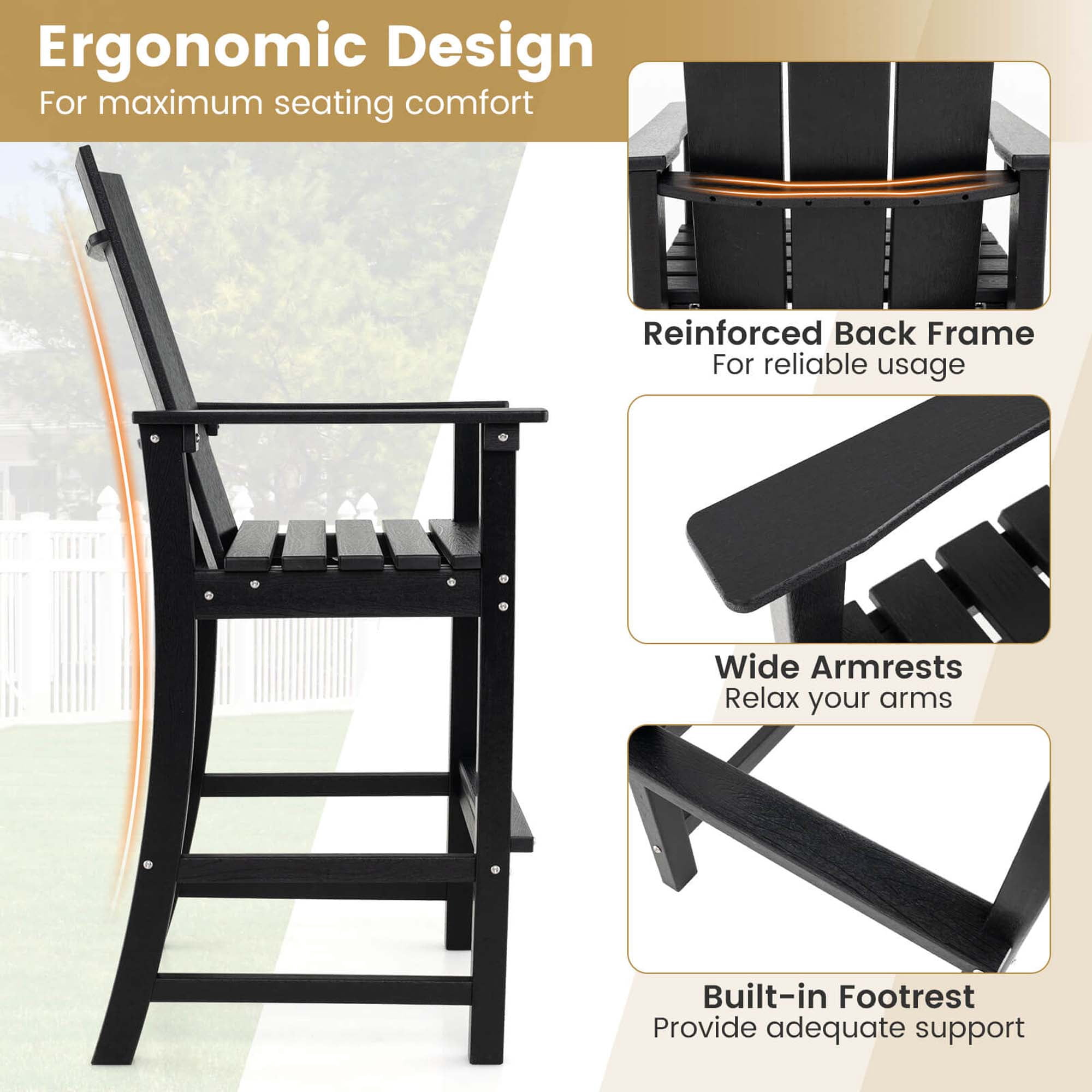 Costway Tall Adirondack Chair with Ergonomic Backrest Armrests & Footrest for Backyard Black