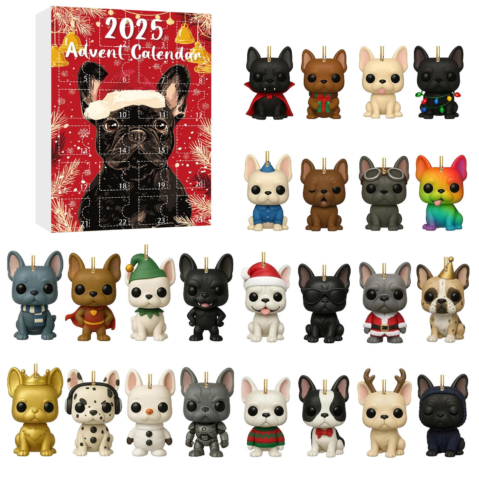 Calendrier De L'Avent 2025 Carlin (Pug) - 24 Ornements Acryliques 2D Pour Sapin - Décoration De Noël Chien - Cadeau Pour Amoureux Des Chiens