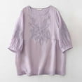 thumbnail image 2 of Women Cotton Linen Shirt Blouse V/Round Neck 3/4 Ruffle Sleeve Summer Fall Retro Embroidered Casual Loose Pleated Tunic Tee Tops,Purple,M, 2 of 5