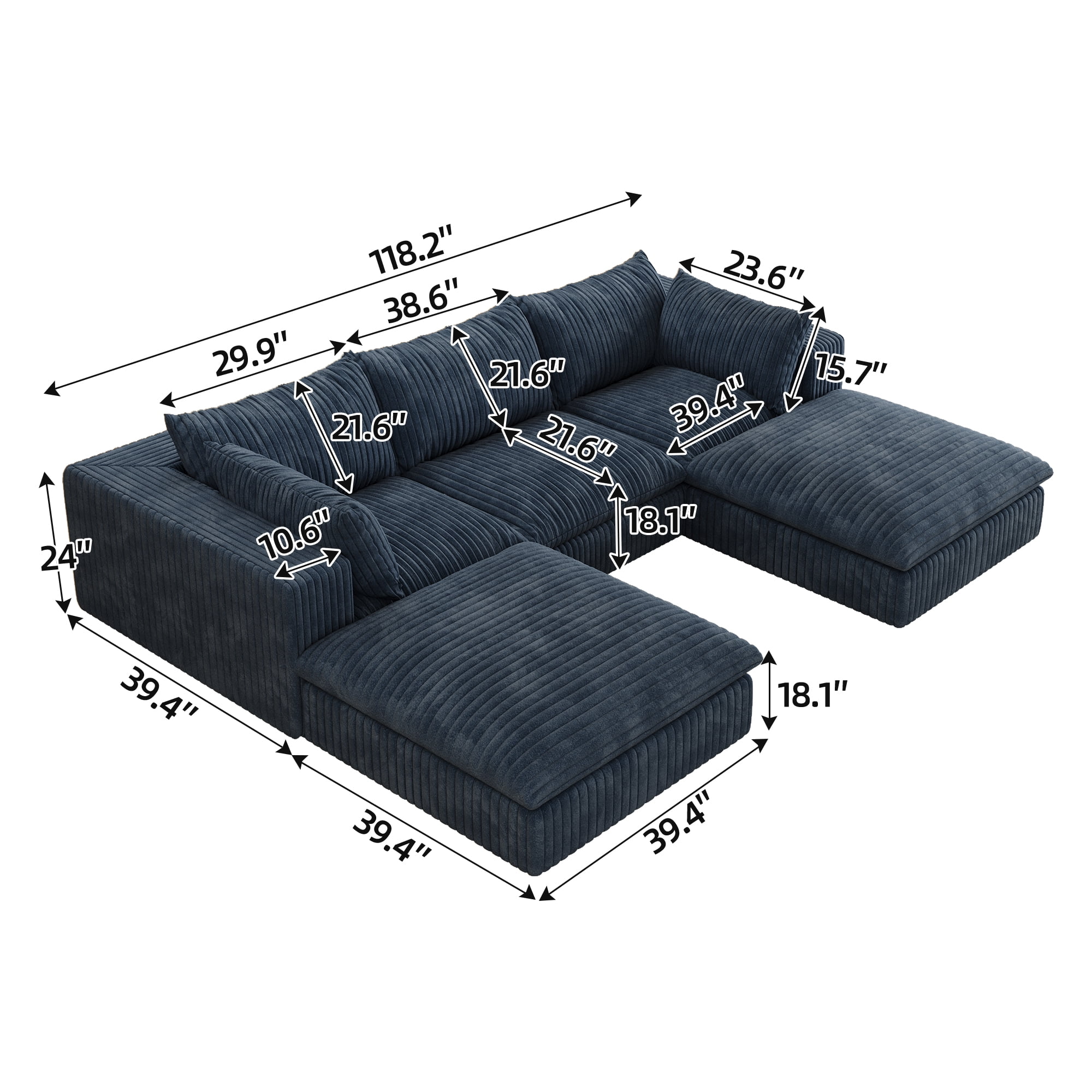 MAYEERTY 118.2" Cloud Sofa Blue Corduroy Fabric Deep Seat Double-Layer Design Removable Cushion No Assembly DIY Combination for Multi-Rooms