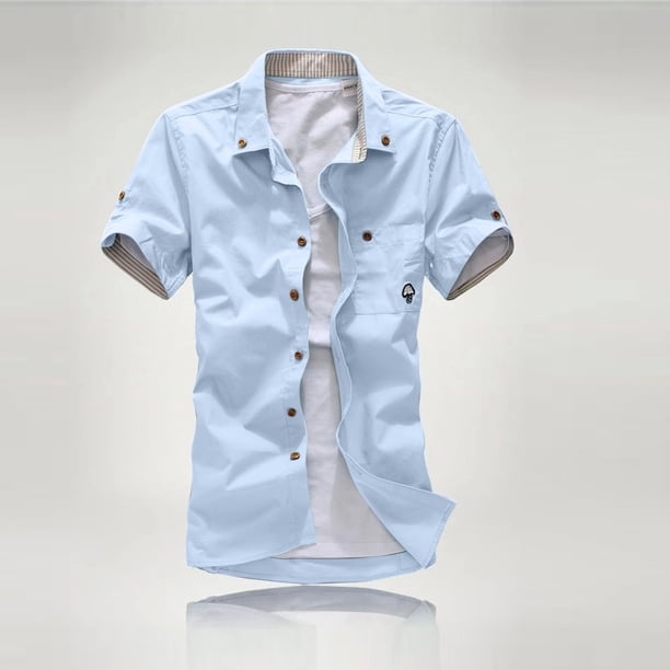 ICHUANYI Clearance Mens Casual Short Sleeve Solid Cardigan Stand Collar T-Shirt Blouse Tops(Blue, XXL) Ichuanyi Ichuanyi