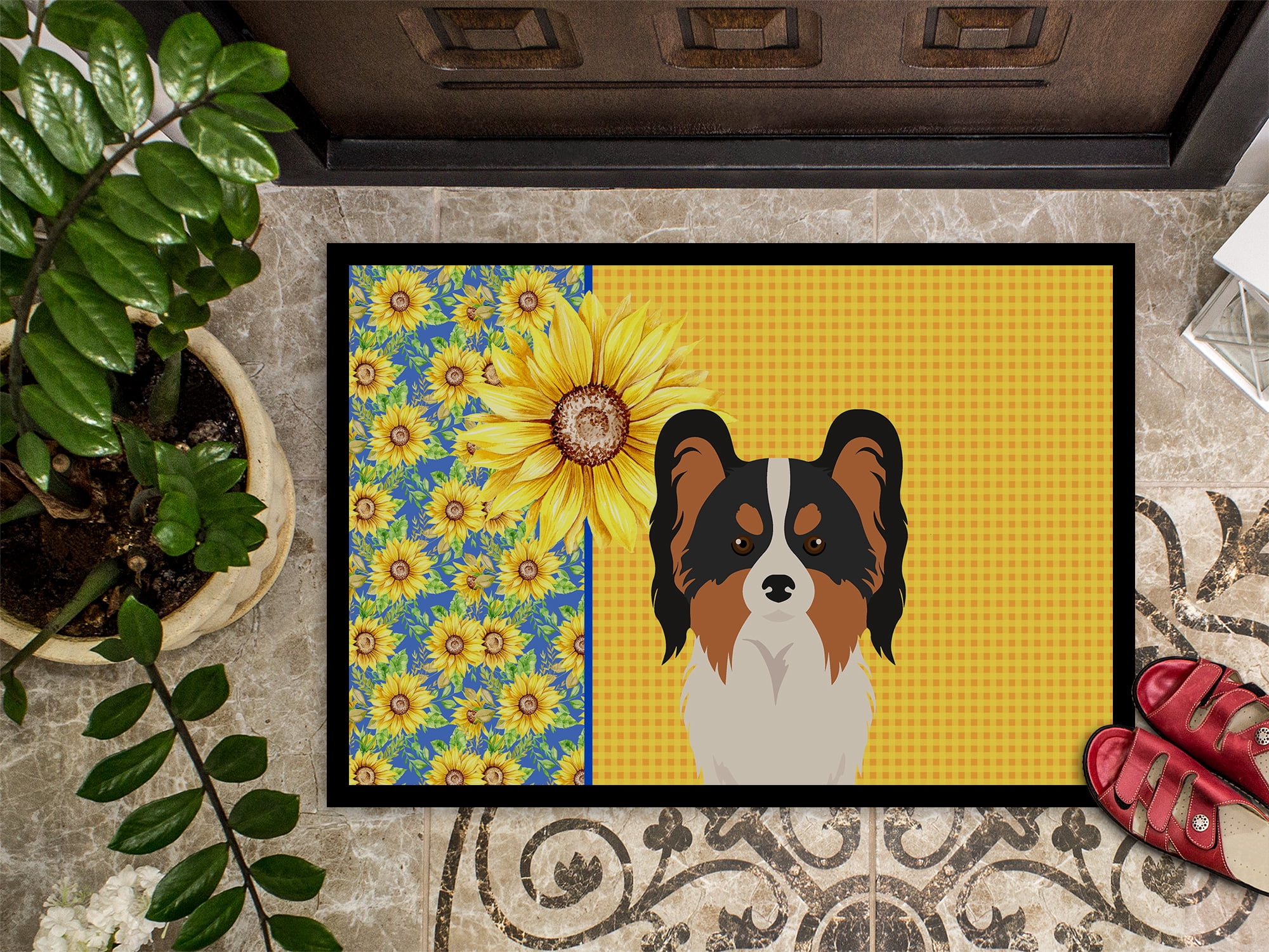 Summer Sunflowers Tricolor Papillon Indoor or Outdoor Mat 24x36 36 in x 24 in