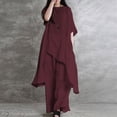 thumbnail image 2 of Stichou Women's 2 Piece Linen Set Solid Color Long Sleeve Irregular Hem Top and Wide Leg Swing Pants Trousers Suits Wine L, 2 of 5