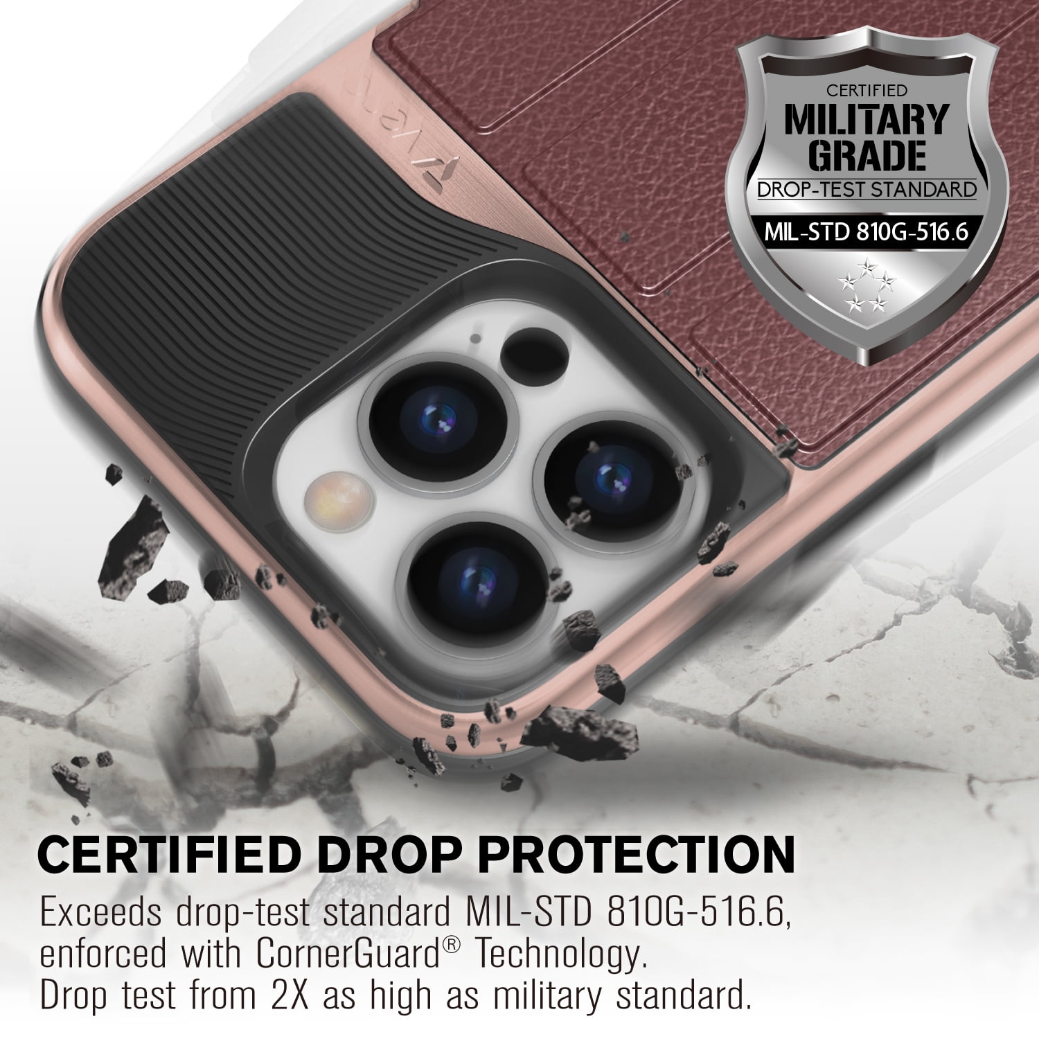 VENA vCommute Wallet Case Compatible with Apple iPhone 15 Pro Max (6.7"), (Military Grade Drop Protection) Flip Leather Cover Card Slot Holder with Kickstand - Rose Gold / Red / Black