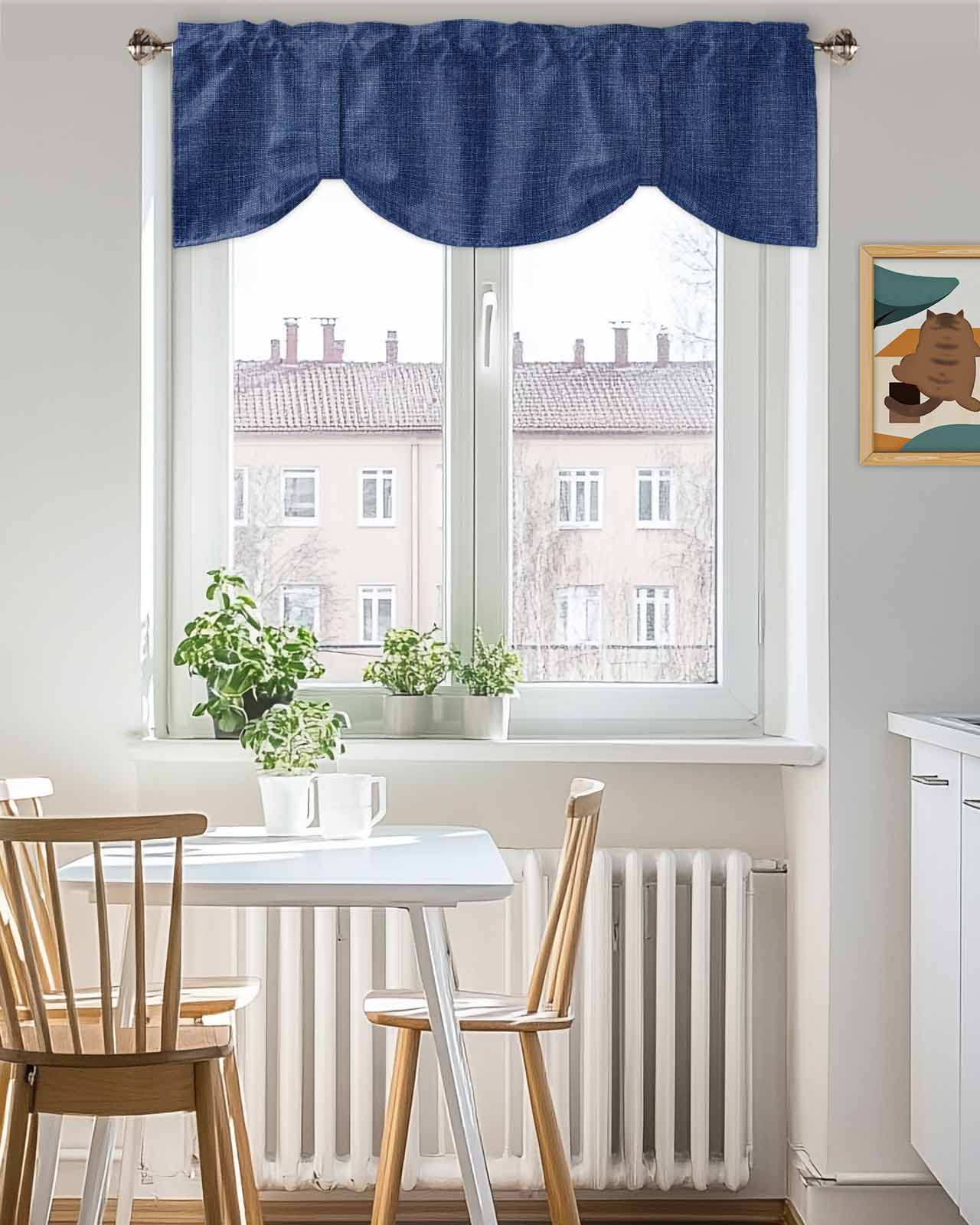 Navy Blue Linen Tie Up Valances Curtain, Adjustable Kitchen Farmhouse Pure Color Country Vintage Valances for Windows Decor, Rod Pocket Short Curtains Set for Bedroom/Bathroom, 54"x18"