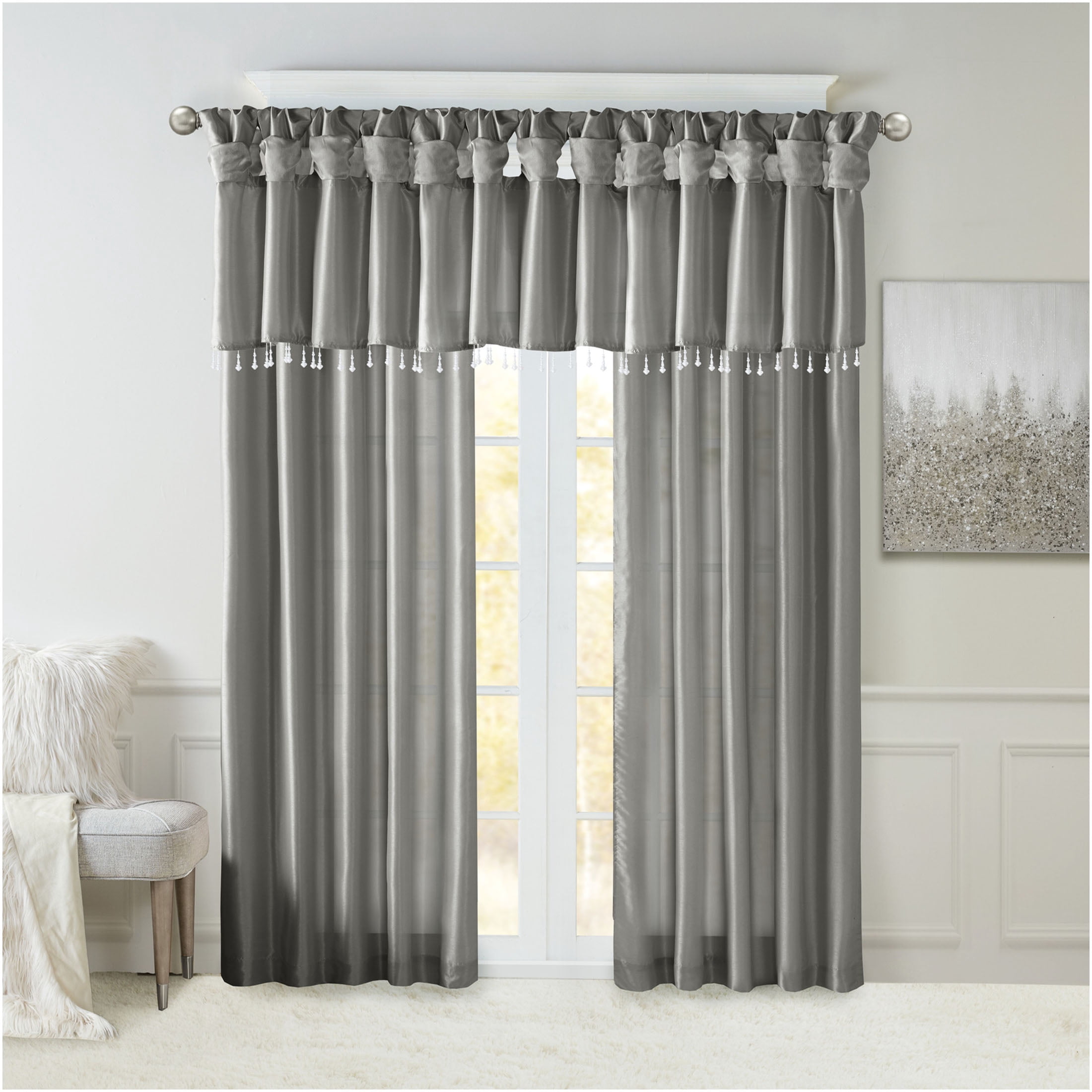 JERFIT 50x26 Inch Charcoal Blackout Window Valance, Faux Silk Curtain Valance with Beaded Trim, Lined Room Darkening Valances for Bedroom Living Room