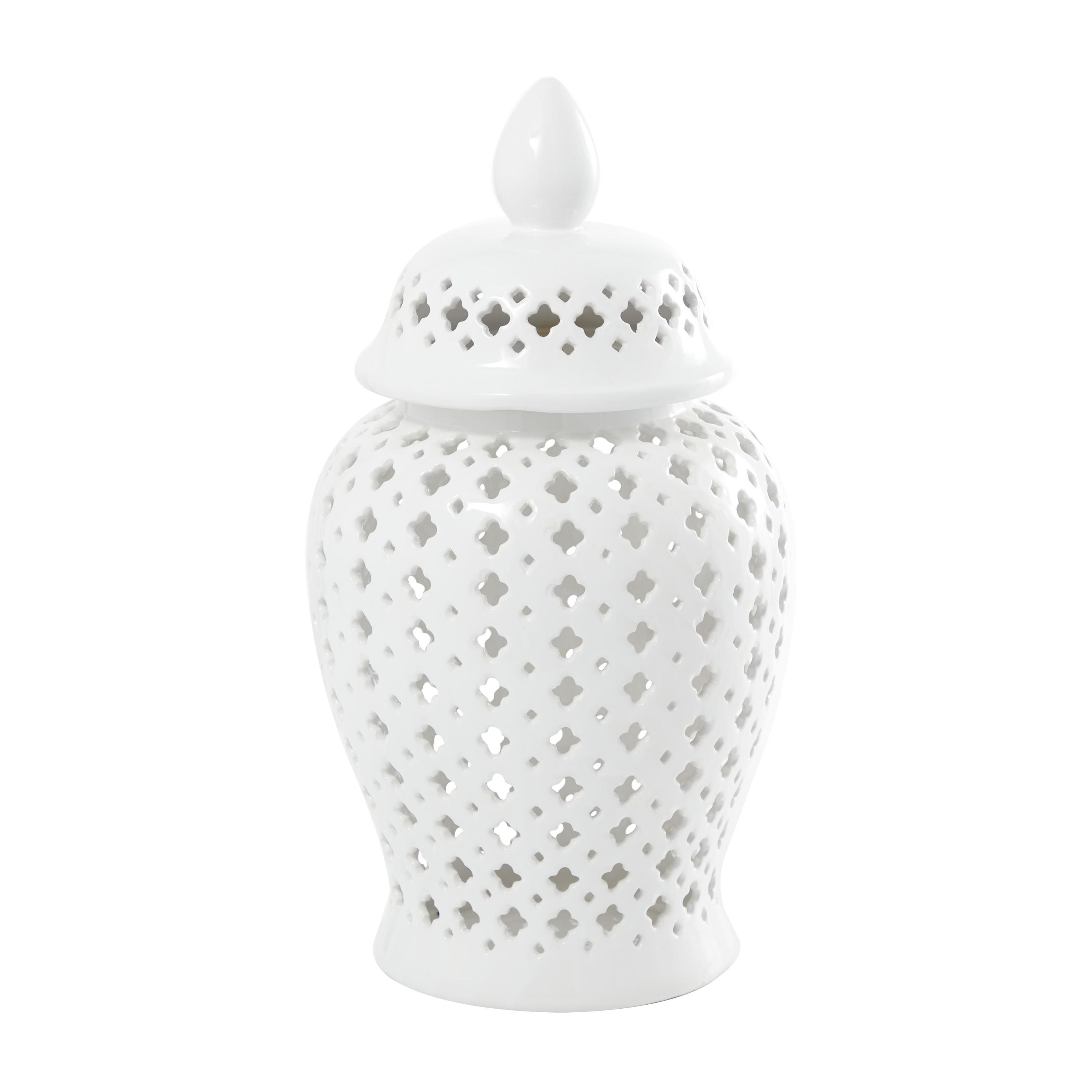 DecMode 9" x 18" White Ceramic Decorative Jars with Geometric Cutout Design and Lid, 1-Piece