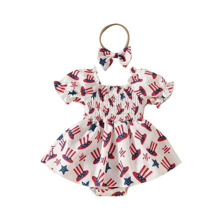

Suealasg Baby Girl 4th of July Outfit 0-3 Months Star Print Puff Sleeve Shirred Romper Dress Bow Headband Infant Newborn Fourth of July Outfits Girl Summer Clothes