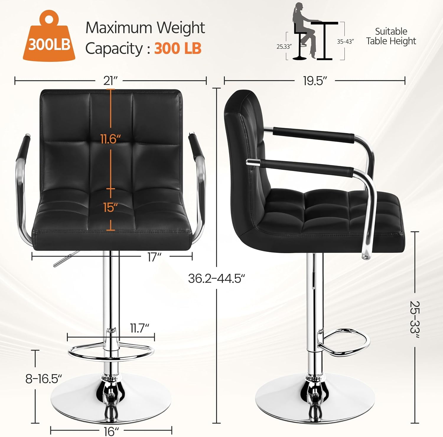 Set of 2 bar stools, suitable for kitchens, dining rooms, etc. (black)