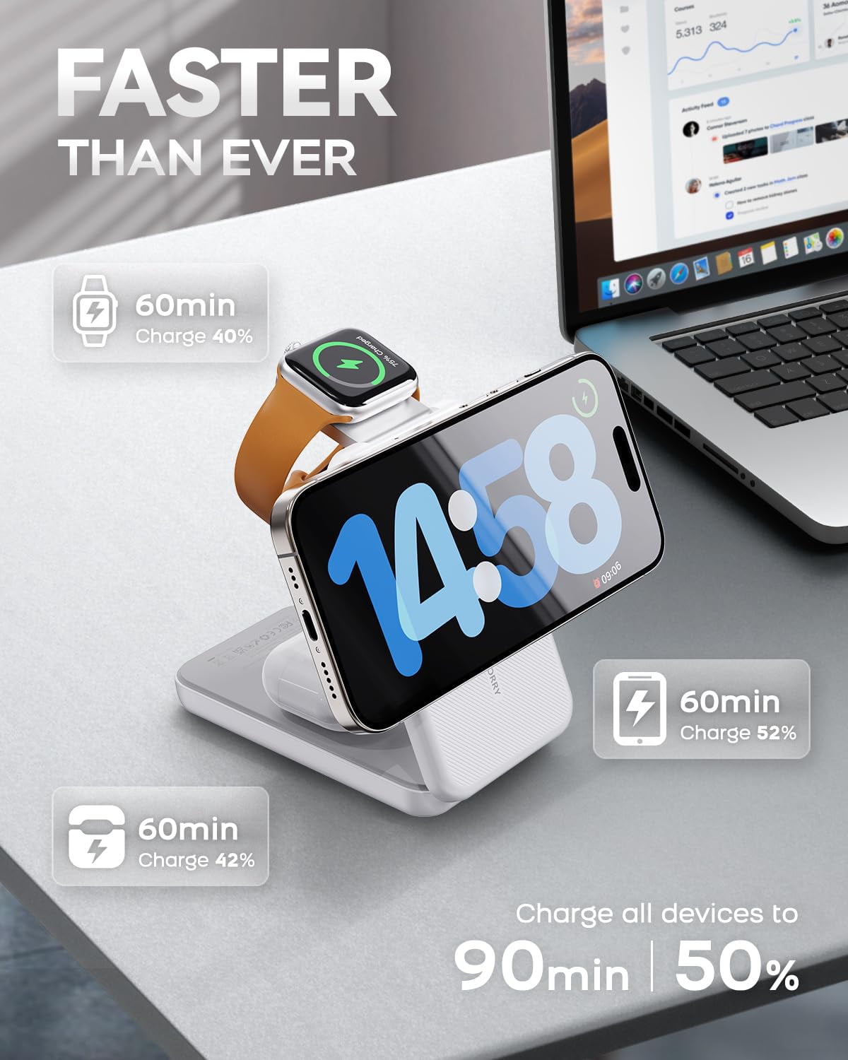 RORRY Magnetic Portable Chrager , 10000mAh Power Bank 3-in-1  Wireless Charger, Foldable Battery Pack for iPhone, Apple Watch,  AirPods, Samsung,White