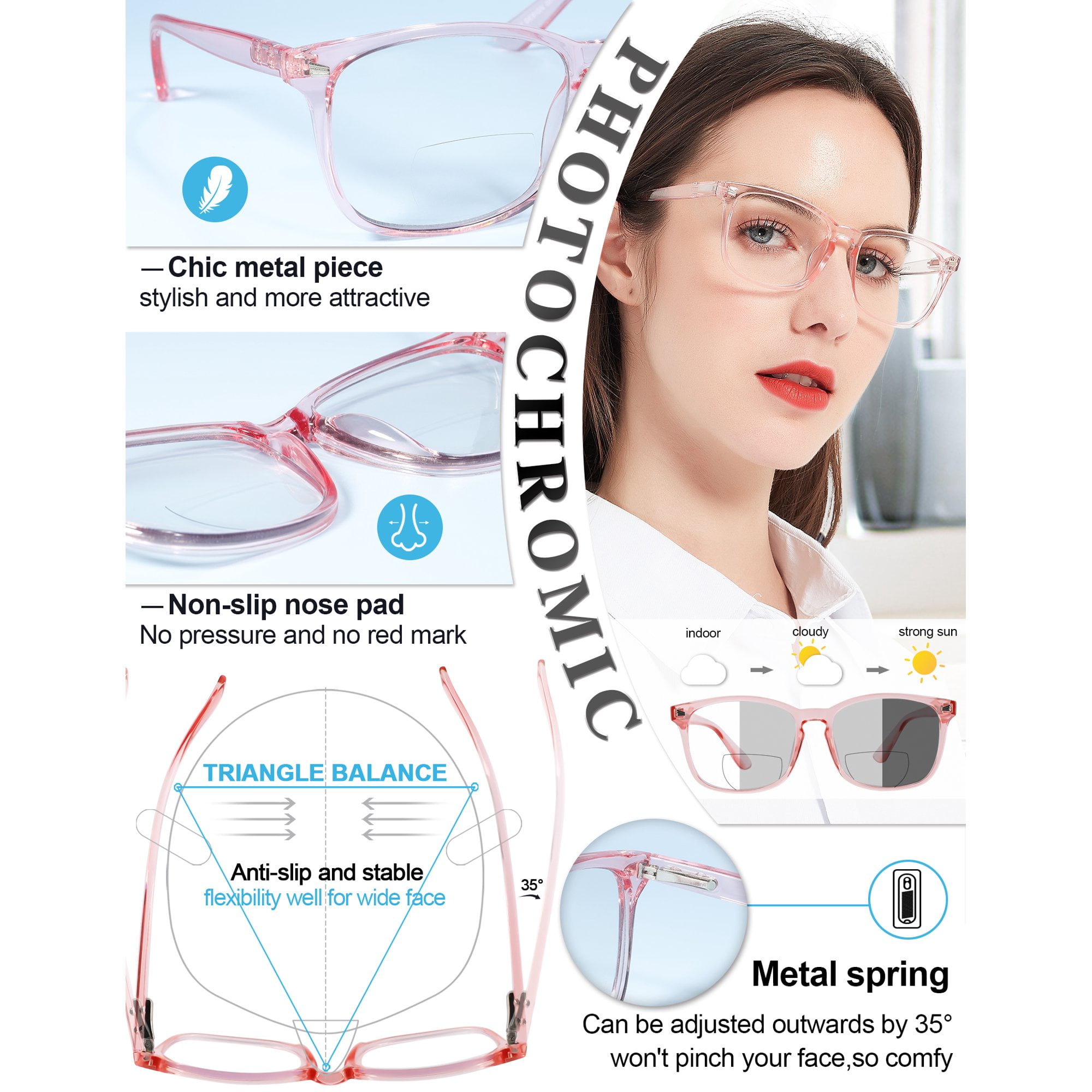 MARE AZZURO Photochromic Bifocal Reading Glasses Women Blue Light Blocking Square Readers Sunglasses 1.0 1.5 2.0 2.5 3.0 3.5 4.0 (Pink, 1.50)