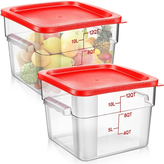 2 Pieces Square Food Storage Containers Polycarbonate 12qt Clear Food Container with Red Lid Commercial Food Storage with Red Graduations for Commercial Kitchen Dough Marinating Meat