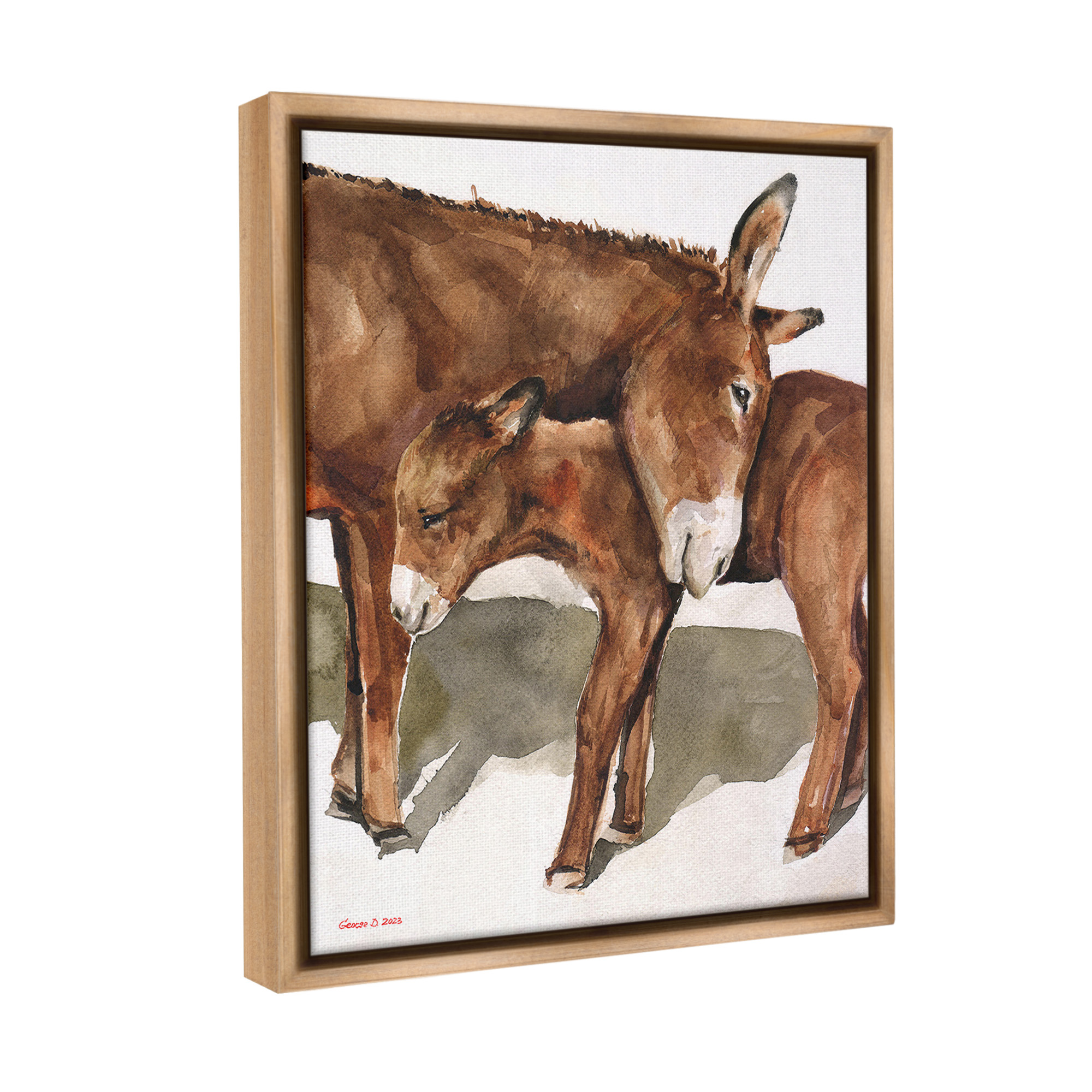 Stupell Industries Cuddling Donkey & Foal Animals & Insects Painting Brown Floater Framed Canvas Art Print Wall Art, 25 x 31