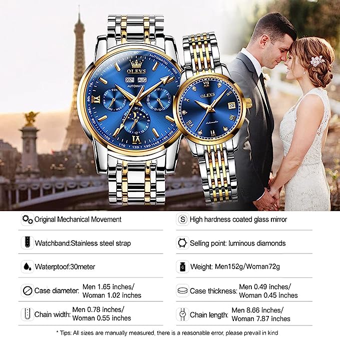 OLEVS Valentines Couple Pair Automatic Watches His and Her Couple Set  Diamond Blue Wrist Watch Men Women Lovers Wedding Romantic Gifts Set of 
