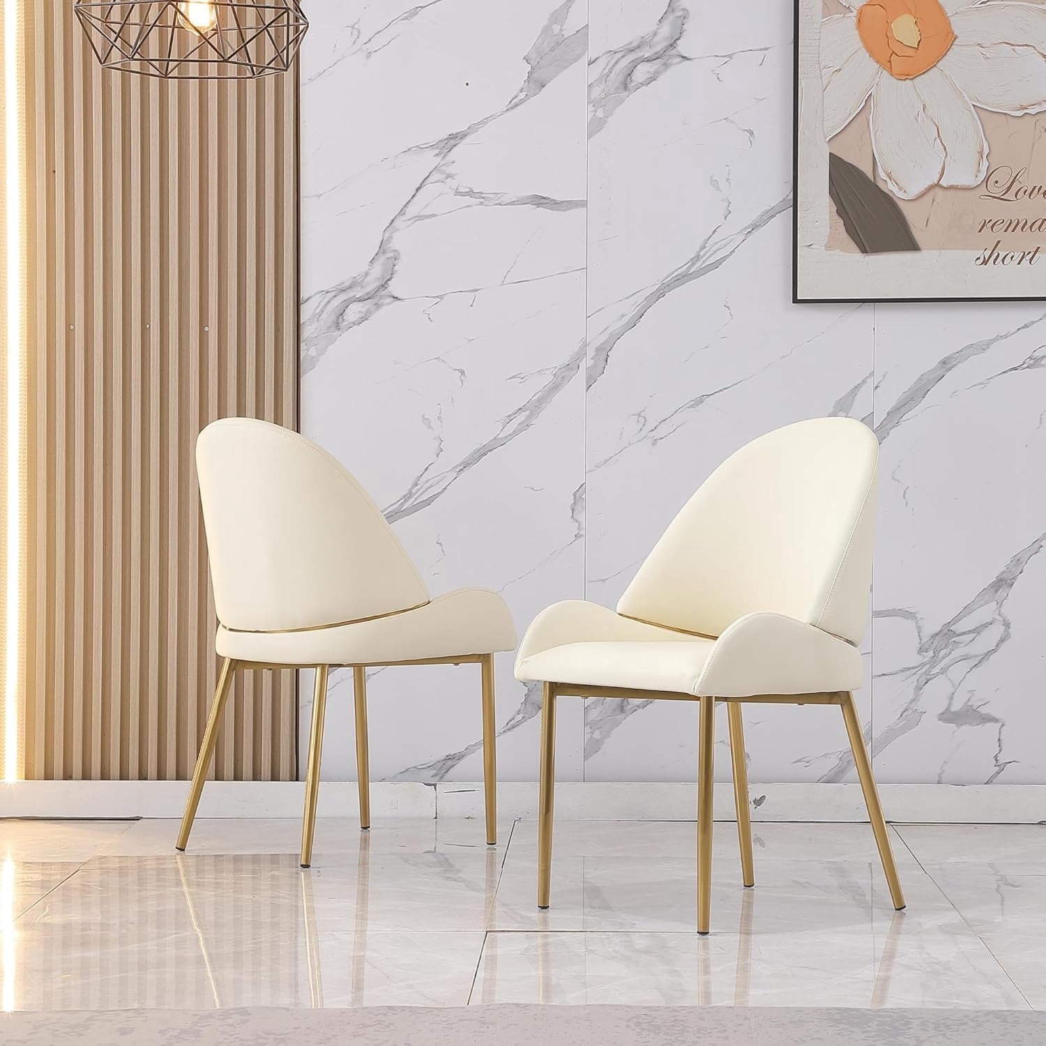 Montary Contemporary Dining Chairs Set of 2 - Waterproof PU Leather Seats, Beige Metal Legs for Kitchen/Office