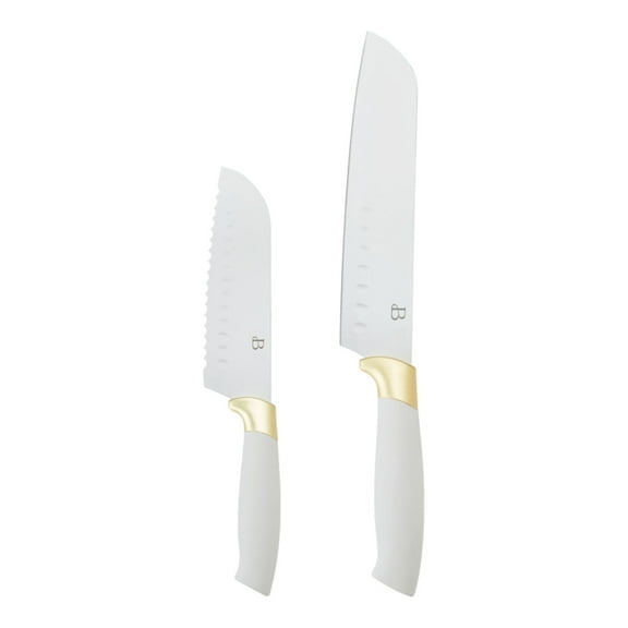 Beautiful 2 Piece Stainless Steel Santoku Set White with Gold Accents by Drew Barrymore
