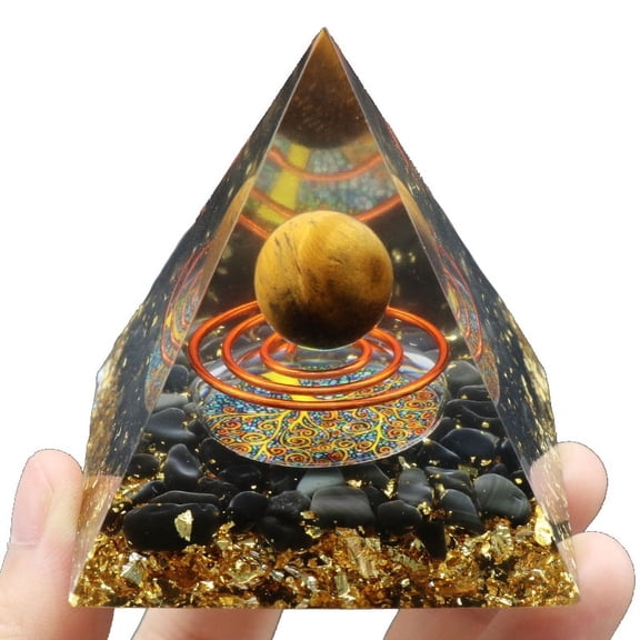 2pcs Resin Orgonite Pyramid for Positive Tower with Tiger Eye Stones with Radom color Brass Finding Office Home Decor 60x60x60mm