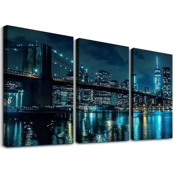 JRXY Blue City Canvas Wall Art Print Cityscape Brooklyn Bridge Picture Framed Wall Decor NYC Skyline Modern Giclee Artwork for Living Room Bedroom Decoration,3 pcs 12x16x3pcs