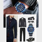 Men's VIP Luxury Chronograph Watch, blue dial, stainless steel case, silicone strap, water-resistant sports watch with date display, chronograph, luminous hands, stainless steel and silicone strap.