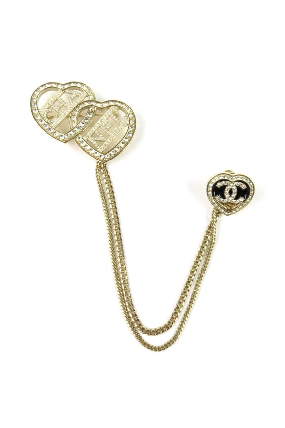 Pre-Owned CHANEL C23B ABB655 Coco Mark Metal Strass Double Heart Chain Brooch Gold Women's