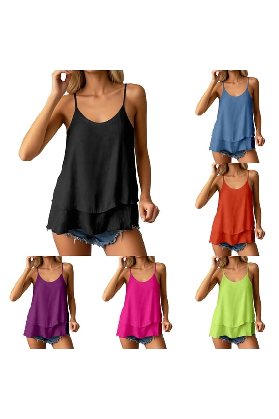 Women Tank Tops Solid Color U Neck Spaghetti Strap Layered Ruffle Long Camisole Soft Breathable for Summer Evening Party Elegant Sleeveless,Black,S