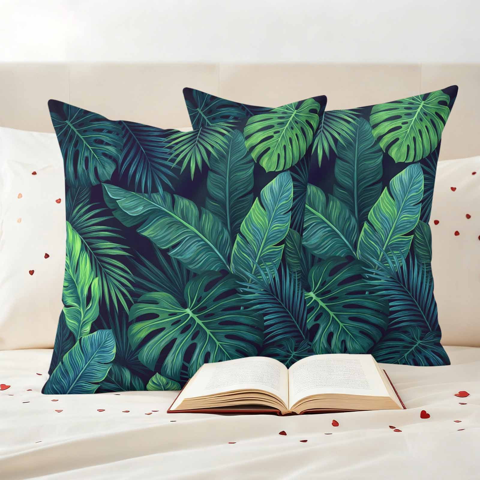 Tropical Plants Outdoor Waterproof Throw Pillow Covers 18x18 Set of 2, Summer Watercolor Teal Green Palm Leaves Decorative Pillowcases Cushion Pillowcase for Couch Sofa Patio Outside Pillow Protector