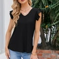 thumbnail image 6 of YYDGH Women's Summer Dressy Tops Casual V Neck Lace Trim Blouses Ruffle Cap Sleeve Eyelet Slim Fit Hollow T-Shirts Black S, 6 of 8