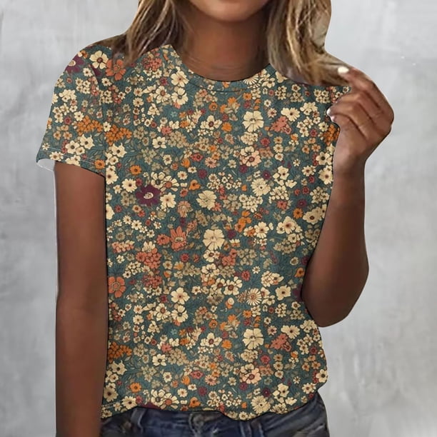 Fiudx Camisas de Mujer Mujer Verano Ocio Moda Estampado de Flores Cuello Redondo Manga Corta Top/Camisa