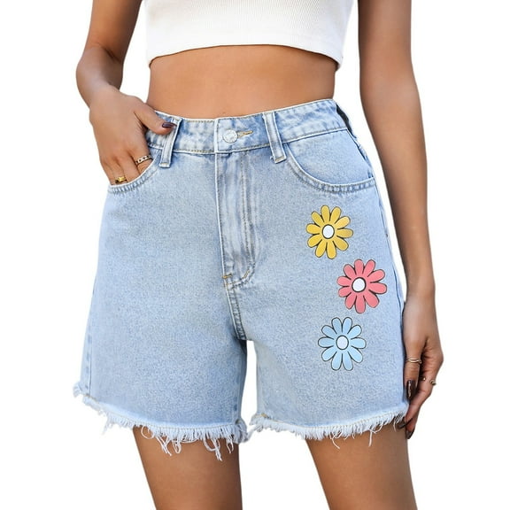 LWavelet Women's Flower Decor Denim Shorts Frayed Casual Summer Shorts Blue,Black XS,S,M,L