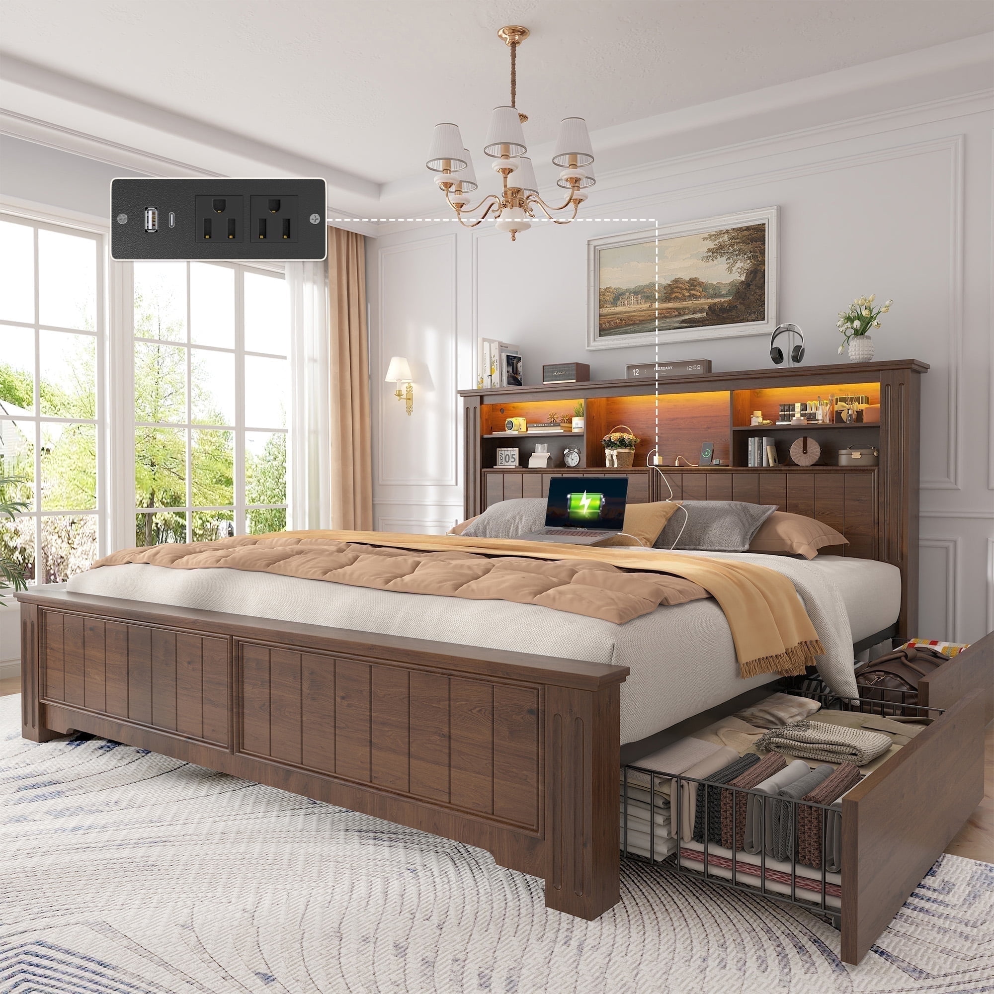 EnHomee Queen Bed Frame with Headboard Bed Frame with 4 Storage Drawers & LED Lights Platform Bed frame with Charging Station