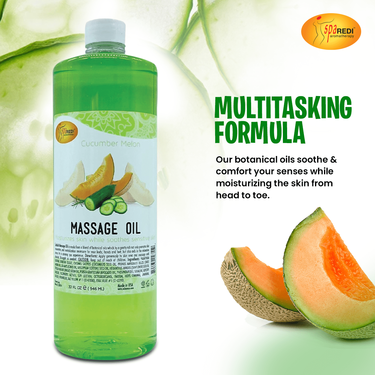 SPA REDI - Massage Oil, Cucumber Melon, 32 Oz - Professional Full Body Massage Therapy, Manicure, Pedicure - Relax Sore Muscles and Repair Dry Skin, Enhanced with High Absorption Oils and Vitamin E