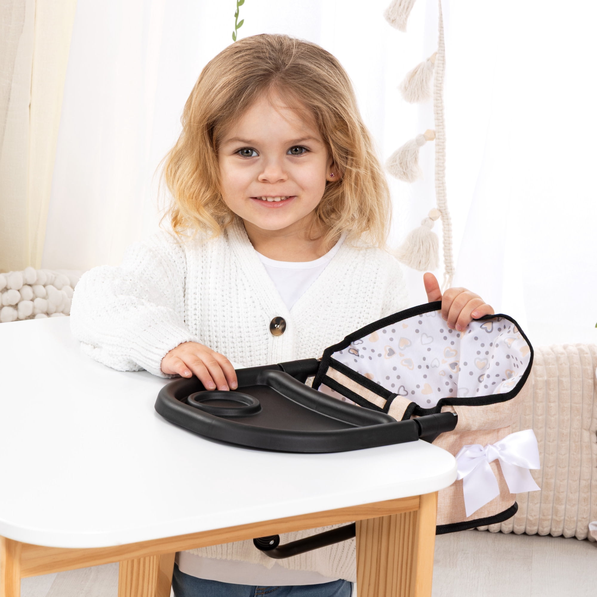 Bayer Design: Doll Table Seat - Beige-Black-Hearts - Attach To Table, Dining Tray, Play Feeding Center, Foldable, Toy Accessory Fits 18" Dolls, Kid 3+