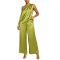 thumbnail image 5 of Womens Satin Two Piece Set Asymmetrical One Shoulder Top High Waist Wide Leg Pants Elegant Party Outfit Green XXXL(XXXL), 5 of 6