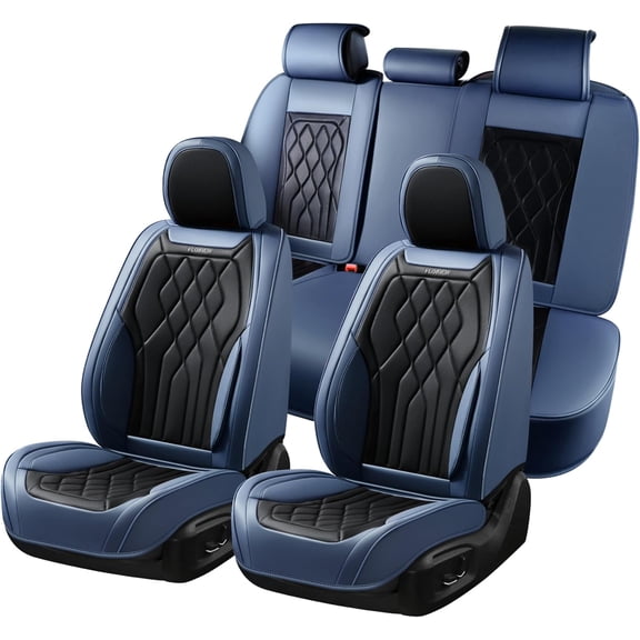 FLORICH Car Seat Covers Full Set, Waterproof Faux Leather Seat Protectors, Automotive Interior Cushions Universal Fit for Most Cars Suv Trucks, Black & Blue