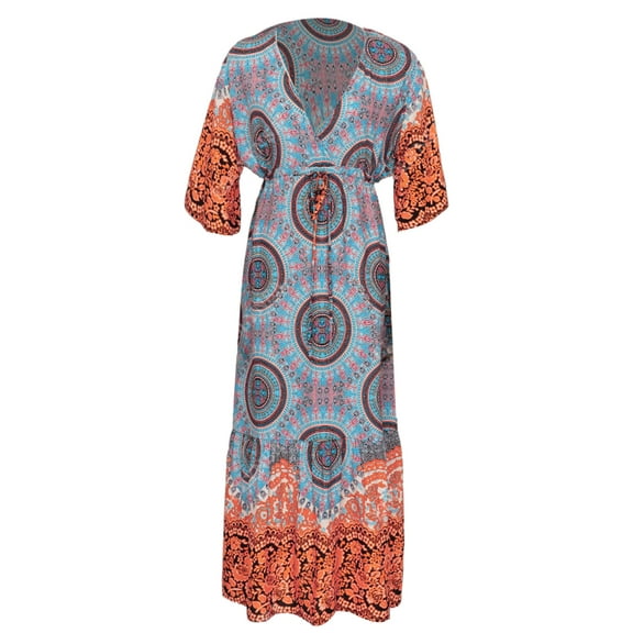 EDOLYNSA Multicolored Bikini Cover-ups Sexy V-neck Short Sleeve Boho Summer Beach Dress Plus Size Beachwear Swimsuit Cover Up