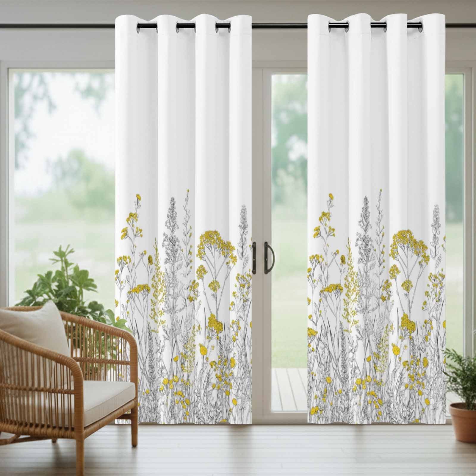 Yellow Wildflowers Outdoor Curtains for Patio, Rustic Botanical Flower Country Gray Plant Sunshade Privacy Drapes Grommet Waterproof Outside Curtains for Porch/Cabana/Balcony 54"x 108", 1 Panel